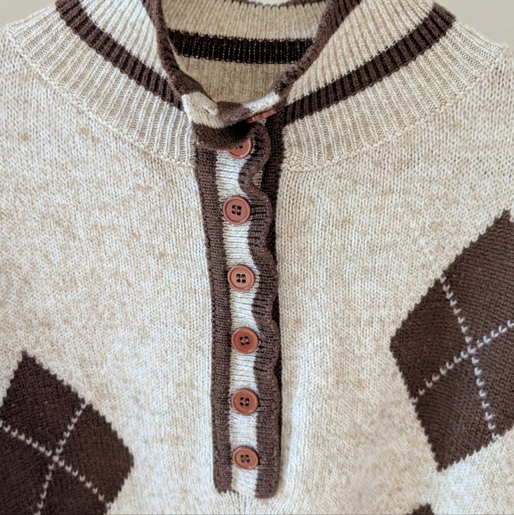 Vintage Geometric Argyle Patterned 1/4 Button Up Collared Sweater In Ivory/Brown - Picture 6 of 8